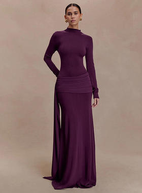 外贸欧美名媛风纯色高领长袖飘带包臀气质礼服裙连衣裙DFQ251155