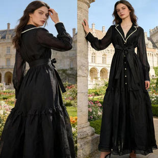 欧美田园风灯笼袖长裙层叠大摆重工钉珠花边收腰系带纯色连衣裙