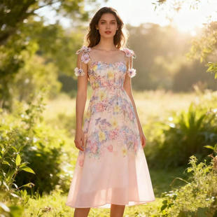 2026夏花卉印花吊带鱼骨收腰仙女连衣裙旅游度假裙子女高领