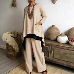 新款 2025欧美外贸独立站女装冬季撞色长下摆时尚休闲2件套装