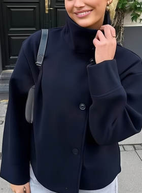 欧美爆款女士短款立领单排扣呢子外套潮流气质毛呢毛呢外套成人