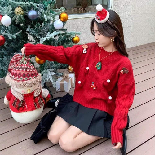 新款 年秋冬宽松慵懒风圆领套头针织衫女短款毛衣圣诞红色上衣