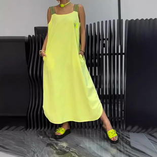 新款亚马逊欧美独立站爆款2024休闲棉麻口袋间色条纹背带裙连衣裙