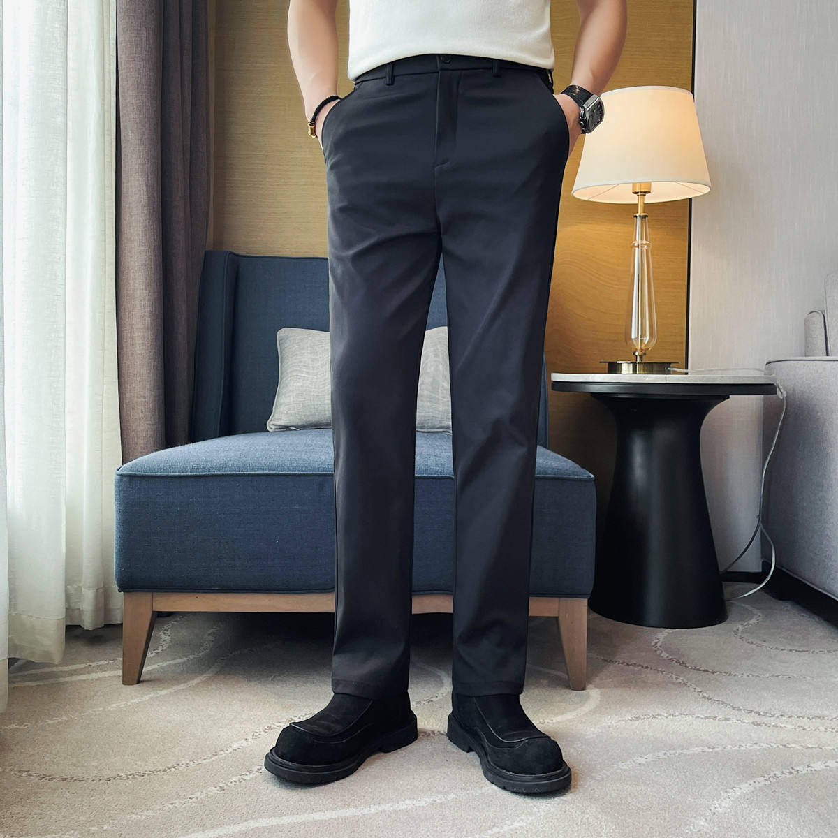 直播直通休闲裤 男士春夏修身松紧腰高级感轻熟直筒裤子直筒型