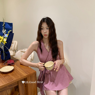 新款 2025夏季 韩系气质甜美绑带格子V领设计感背心