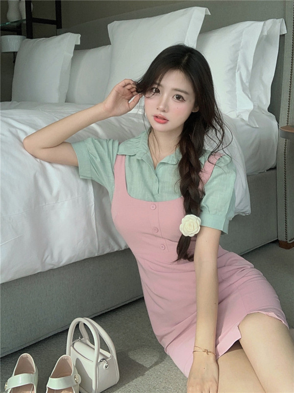 French sweet girl's bubble sleeve shirt + waist back strap skirt