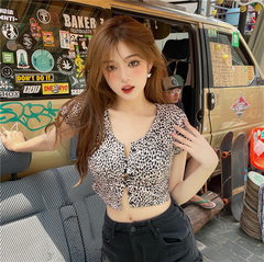 Real shot foreign style leopard print cardigan women's sexy short open navel slim t