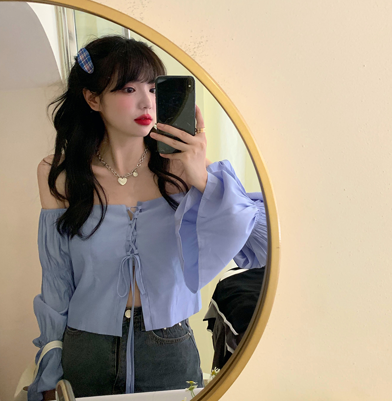 Real shot autumn super fairy pile sleeve one line collar off shoulder top short sexy lace up shirt