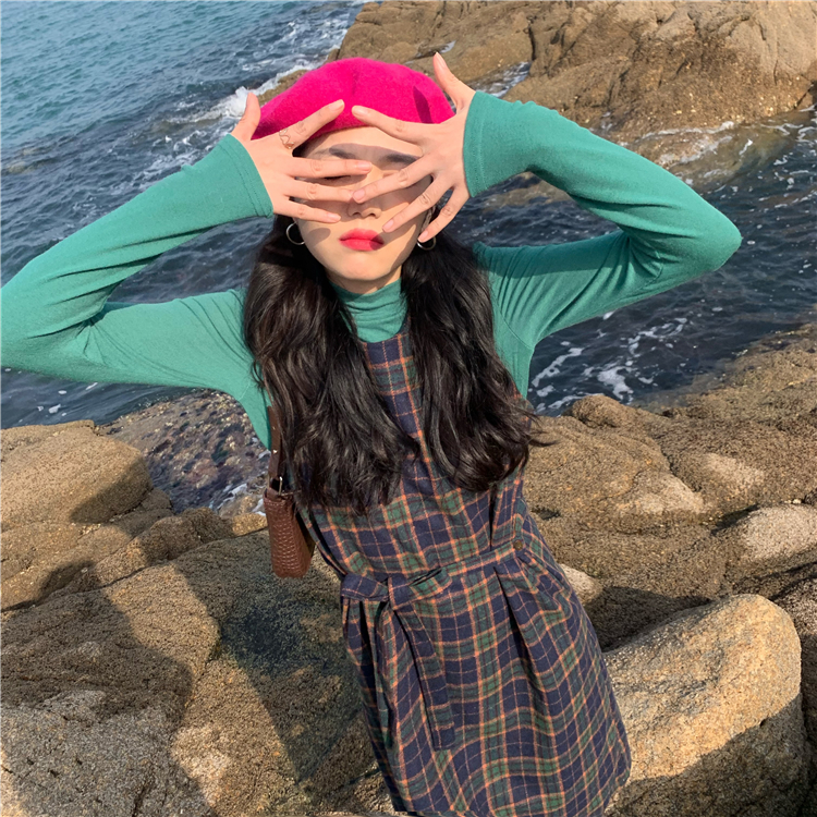 Real shot ᦇ two piece set of retro Plaid bandage waist strap skirt + slim long sleeve base shirt