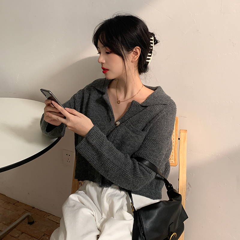 Real shot Korean chic basic simple versatile pocket loose knit sweater jacket short top