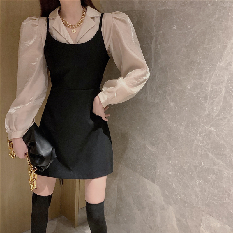 Real shot quality champagne Lapel shirt + back strap skirt