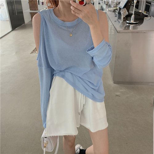 Real shooting Korean version of small public mind off shoulder round neck design sense of simplicity long sleeve versatile loose bottomed shirt