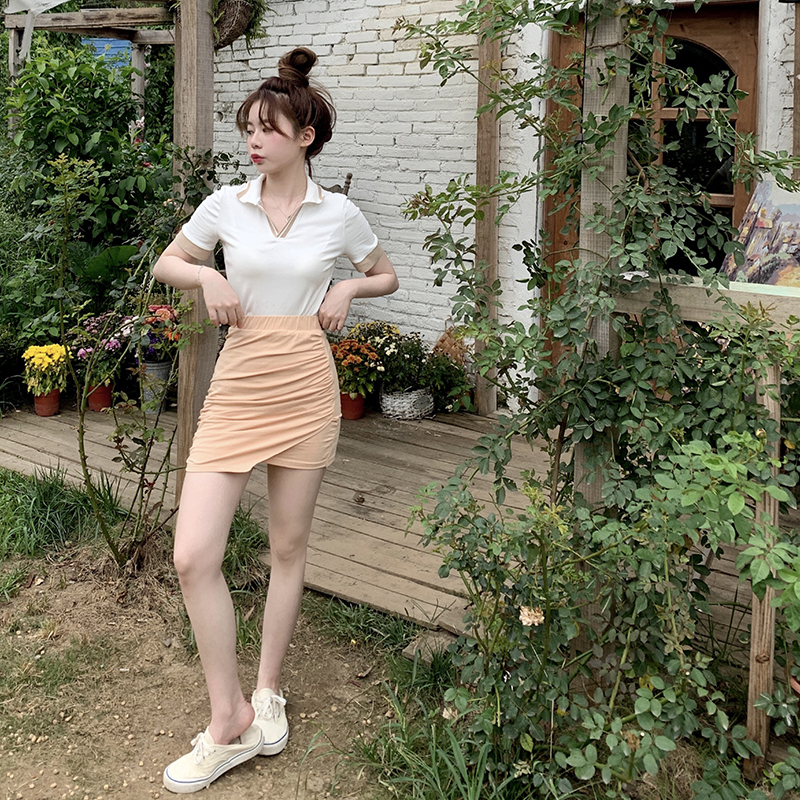 Real shot foreign style fashion polo collar short T-shirt + irregular slim bottom skirt suit