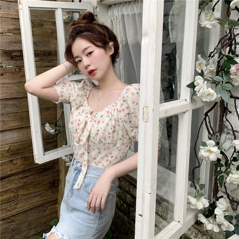 Real shot summer chic sweet spicy wind exposed navel jacket floral slim lace up square collar shirt