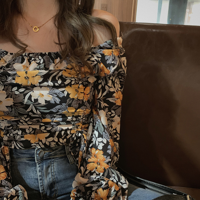 Real shot floral high waist pleated short open navel chiffon shirt temperament square collar retro baby shirt