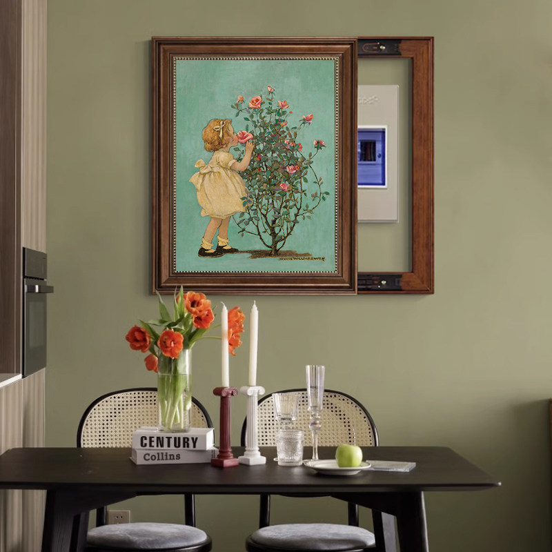 玫瑰女孩挂画美式电表箱装饰画2024新款配电箱遮挡电闸盒壁画法式