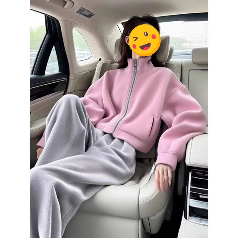 小个子显高粉色外套阔腿裤套装