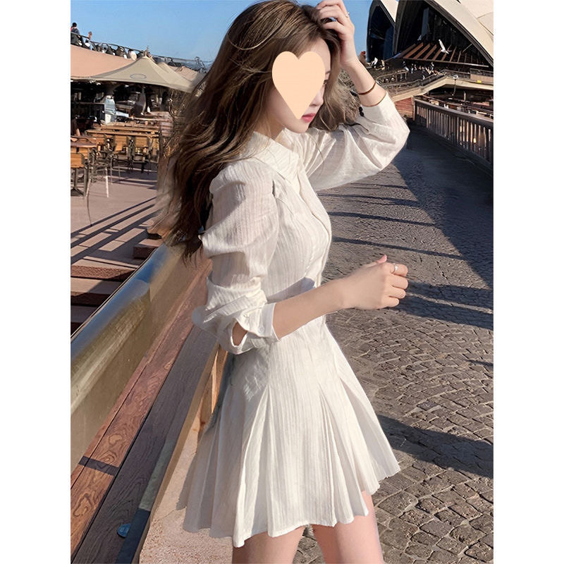 学院风白色长袖衬衫连衣裙女收腰气质设计感领百褶中裙子2025春季