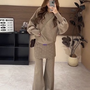 卡其色毛衣时尚套装女秋冬新款韩版宽松蕾丝拼接屁帘阔腿裤两件套