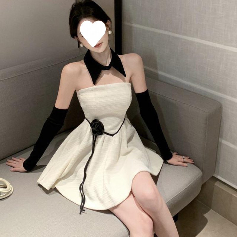 精致小香风鱼骨抹胸短裙花朵绑带连衣裙配袖套时尚小个子宴会礼服