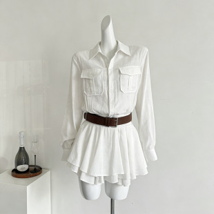 法式高级感白色V领荷叶边衬衫连衣裙女春季修身显瘦设计感短裙子