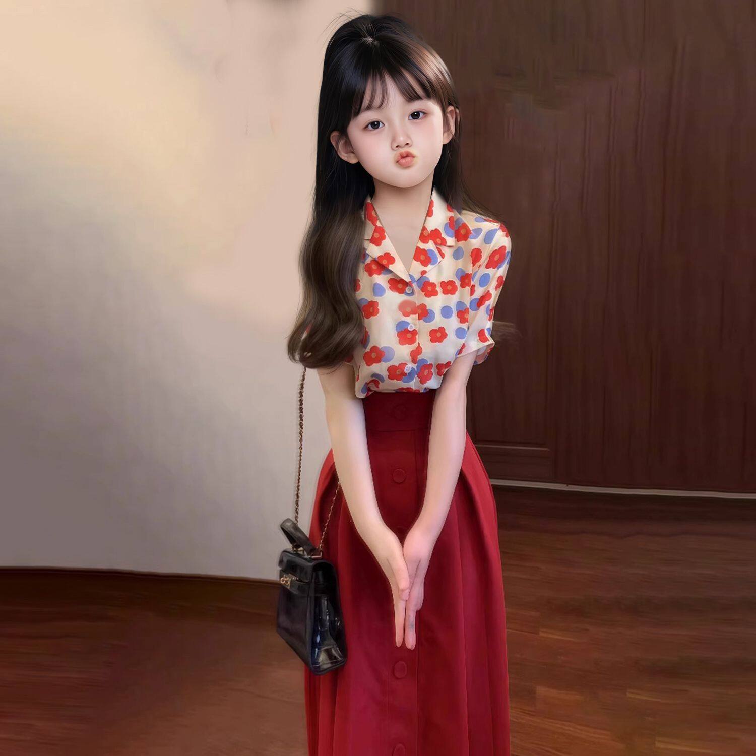女童裙夏秋套装裙搭配红色碎花衬连衣裙