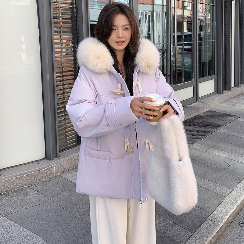 实拍紫色牛角扣羽绒棉服女冬季新款韩版宽松大毛领加厚面包服外套