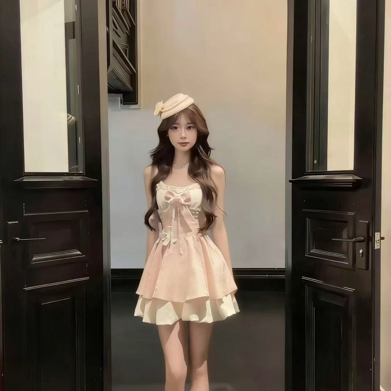 桔梗house粉色甜美千金风吊带连衣裙女早春新款蝴蝶结收腰短裙子