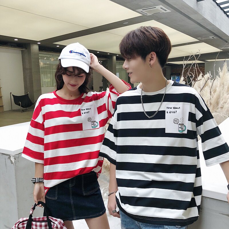 夏季新款条纹短袖男宽松五分袖T恤男士ins潮流韩版港风情侣上衣在类目 男装, T恤中 - 来自Buy2taobao.com提供专业的淘宝代购服务