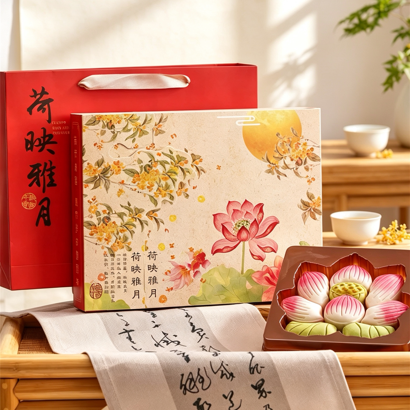 网红大荷花月饼国风组合大月饼下午茶点心厂家直销中秋月饼礼盒装