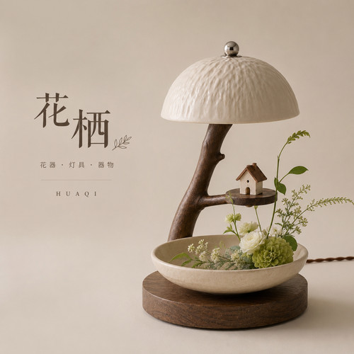 花栖花器中古风蘑菇台灯玄关卧室氛围灯创意感实木书房民宿装饰灯