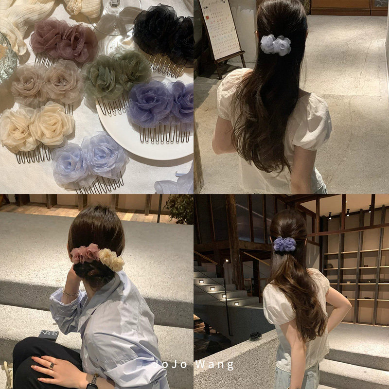 手心的蔷薇~欧根纱花朵发梳简约发夹侧边刘海夹半扎夹子2026新款