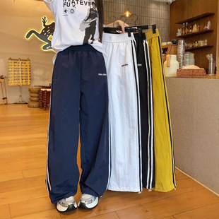 两穿速干运动裤 薄款 美式 女夏季 宽松显瘦休闲裤 侧条纹阔腿工装