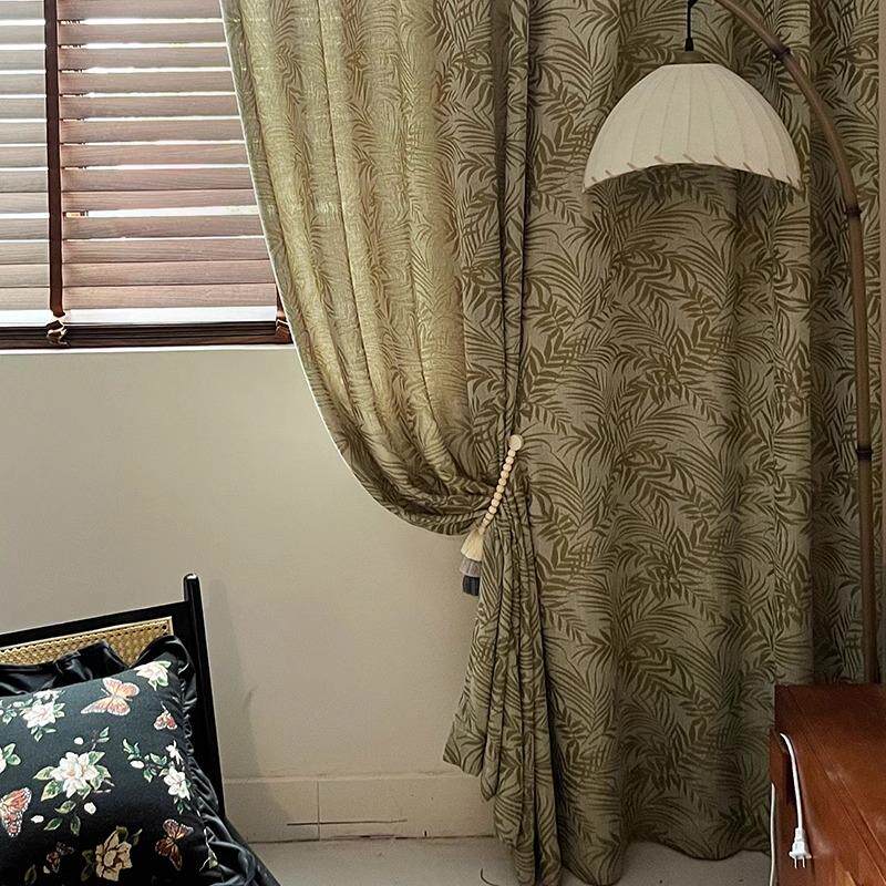 南洋曼绿法式复古美式中式半遮光防晒棉麻纱帘客厅卧室果绿色窗帘