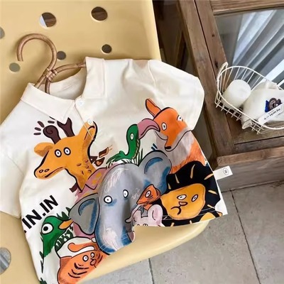男女童可爱小动物上衣翻领Polo衫2025夏季儿童卡通印花短袖T恤潮