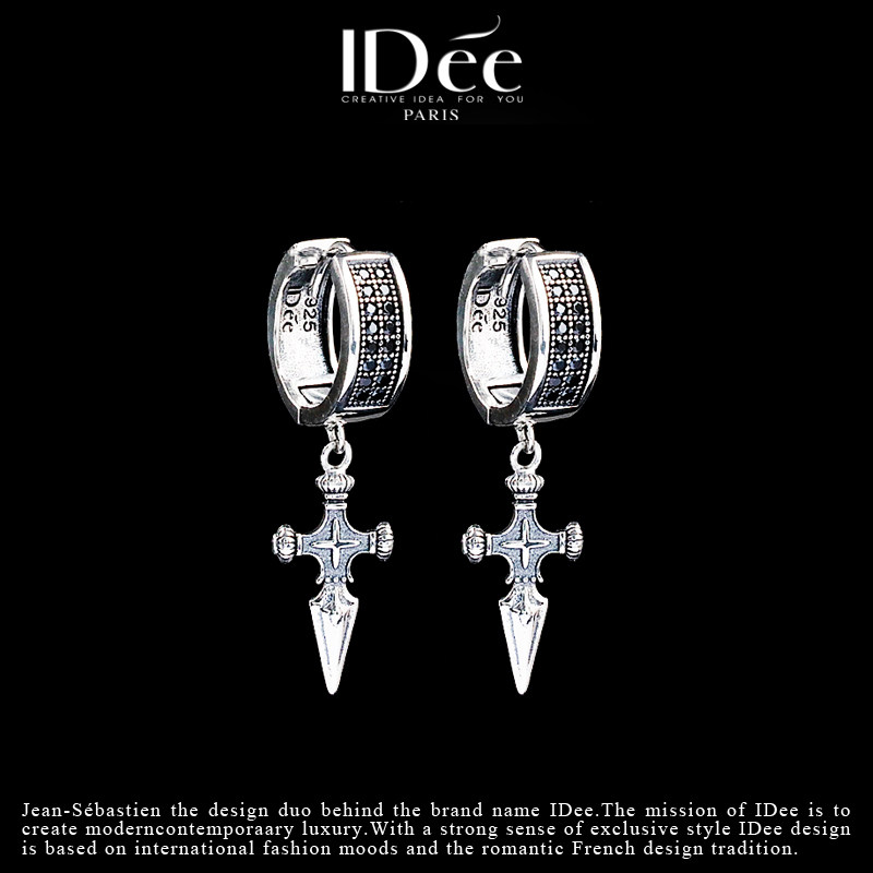 法国IDee十字架泰银耳钉潮男耳环 耳坠个性嘻哈925纯银耳饰新款