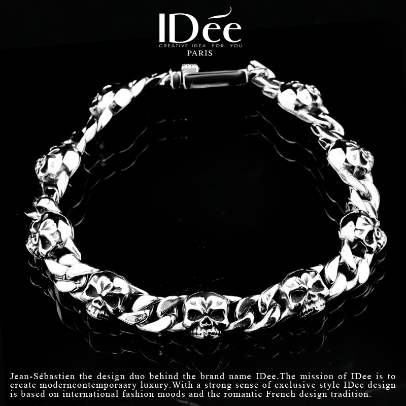 法国IDee骷髅手链男潮牌复古嘻哈轻奢嘻哈小众设计朋克古巴链饰品