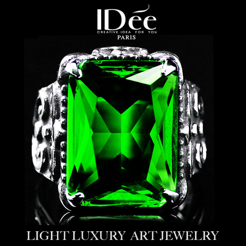 法国IDee祖母绿水晶戒指男潮时尚复古宝石指环个性食指戒嘻哈饰品