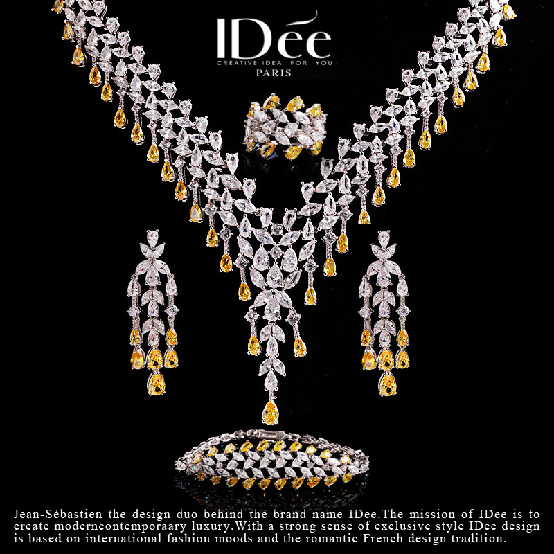 法国IDee闪钻黄水晶项链女 四件套饰品套装婚礼配饰轻奢小众设计