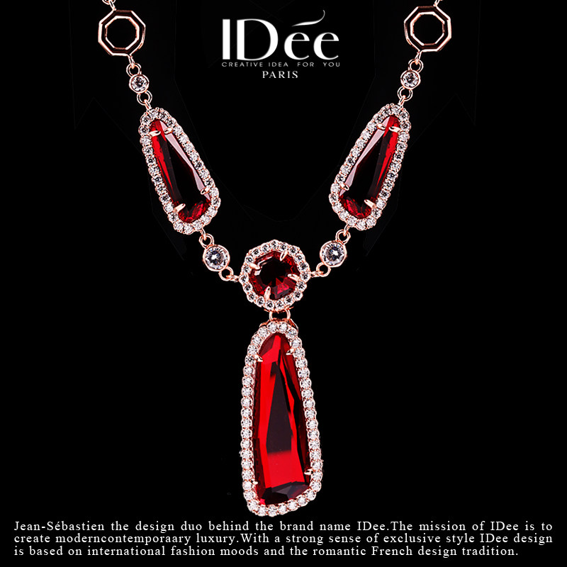 法国IDee红宝石项链女 18K金色长款水晶气质饰品轻奢小众设计感
