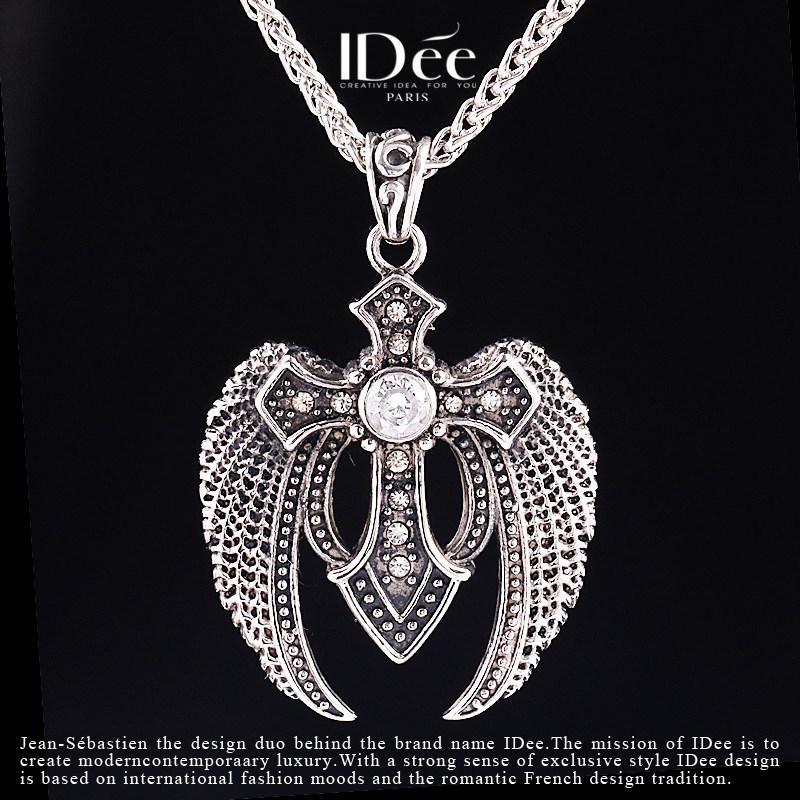 法国IDee羽翼十字架项链男个性天使潮男翅膀吊坠银色饰品嘻哈潮牌