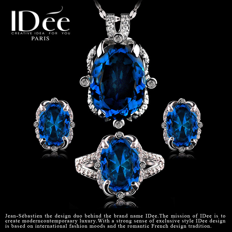 法国IDee海洋之心蓝宝石925银项链套装三件套饰品女配饰纯银饰品