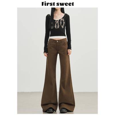 棕咖色微喇牛仔裤女2025年秋冬新款美式低腰宽松显瘦直筒喇叭裤子