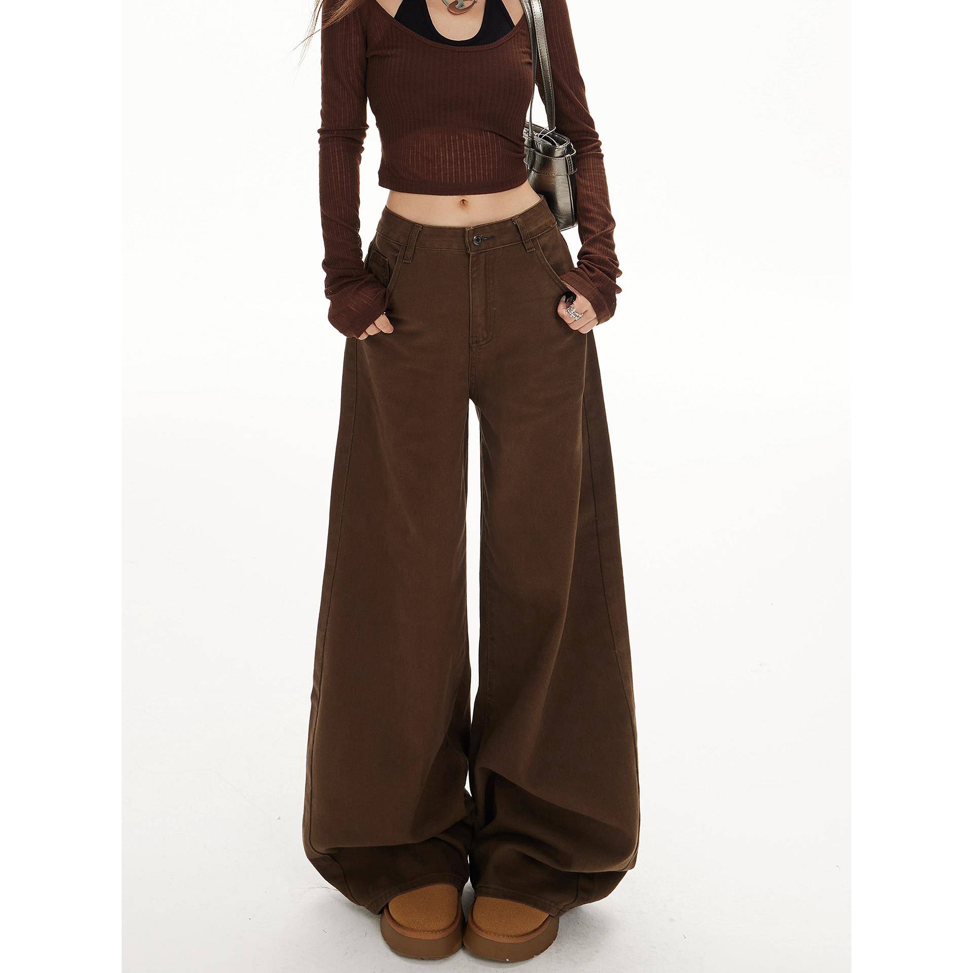 美式覆古棕色阔腿牛仔裤女秋2025新款高腰显瘦百搭垂感宽松直筒裤