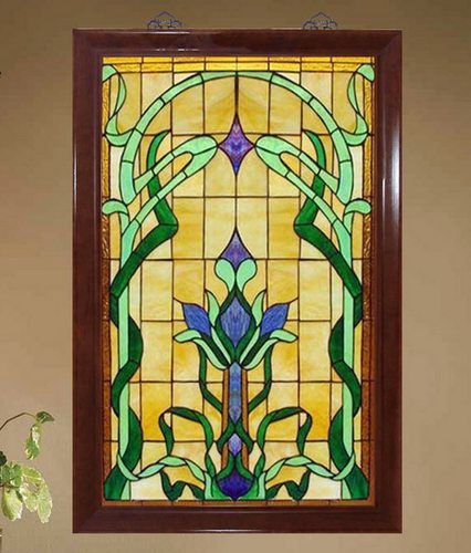 定做Tiffany教堂钢化蒂凡尼艺术玻璃玄关隔断柜门芯 蓝绿生机雕刻