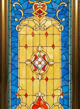 Tiffany 欧式教堂钢化雕刻艺术玻璃玄关隔断窗吊顶柜门芯蓝色欧式