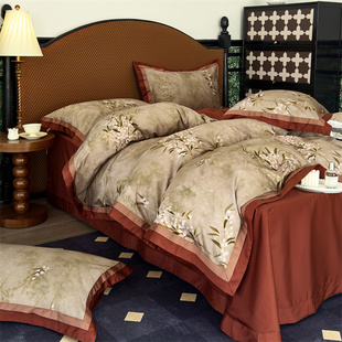 美式复古风澳棉数码印花高支高密长绒棉四件套长绒棉贡缎床品
