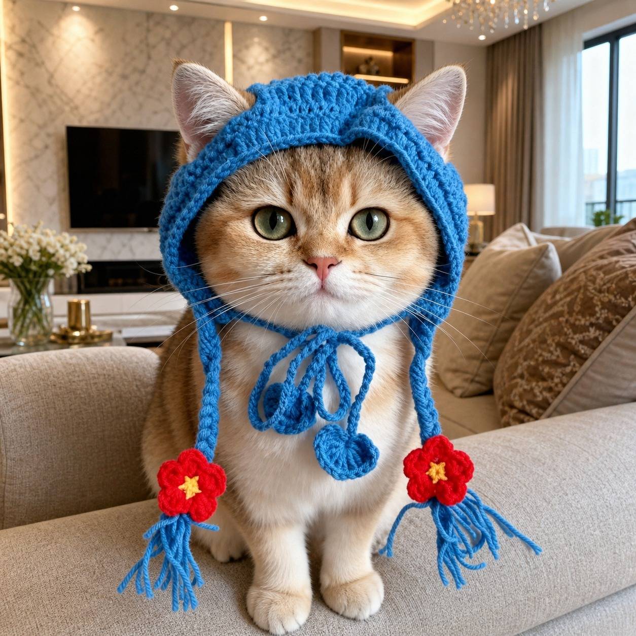 手工毛线花朵流苏猫狗拍照帽