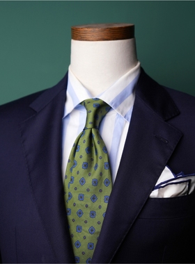 ilLupo 绿色/蓝色 规则菱形 手工半内衬三褶意式真丝印花领带