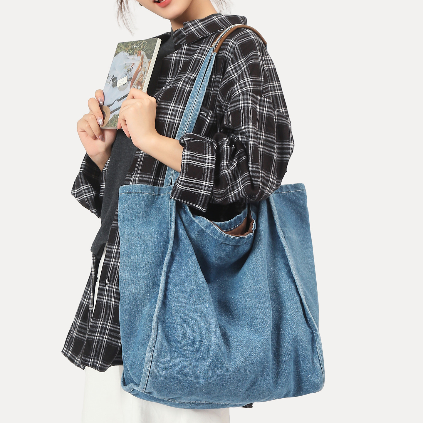 韩版复古潮ins单肩深蓝牛仔包包女大容量托特包大包百搭休闲新款